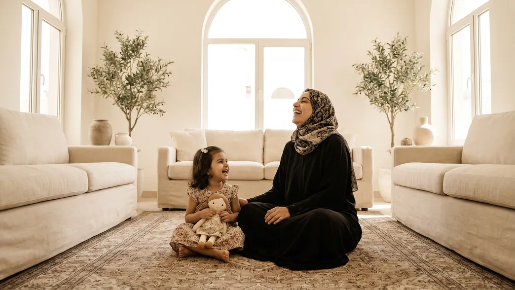 أم تلعب مع ابنتها الصغيرة ودميتها