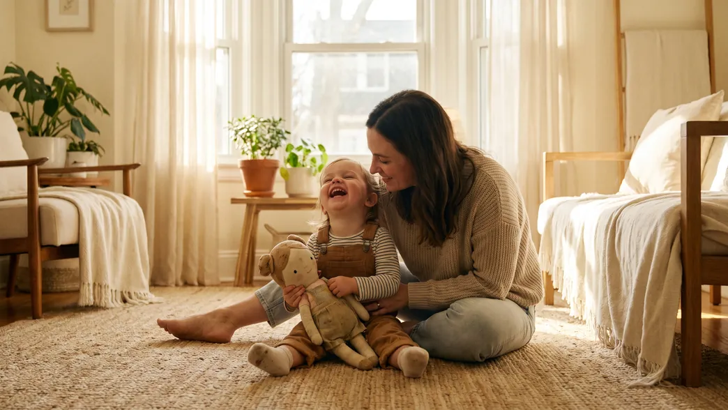A mother playing with her young daughter and her doll
