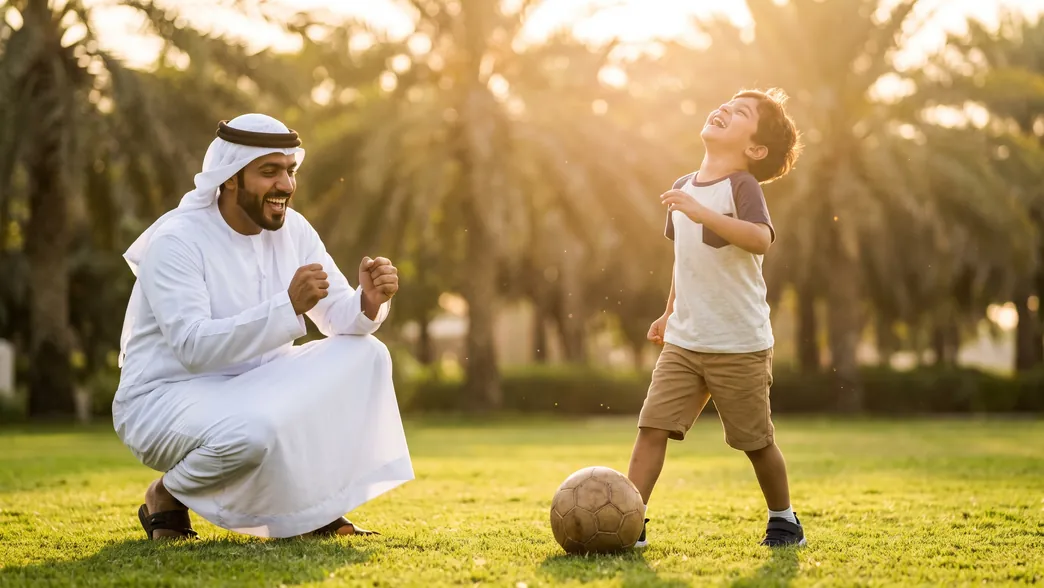 أب يلعب كرة القدم مع ابنه الصغير