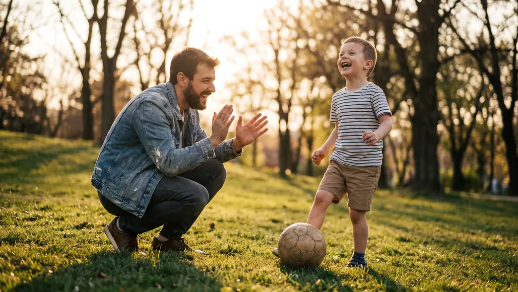 A father playing football with his young son