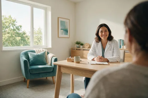 Specialist consulting with a patient in a bright clinic room